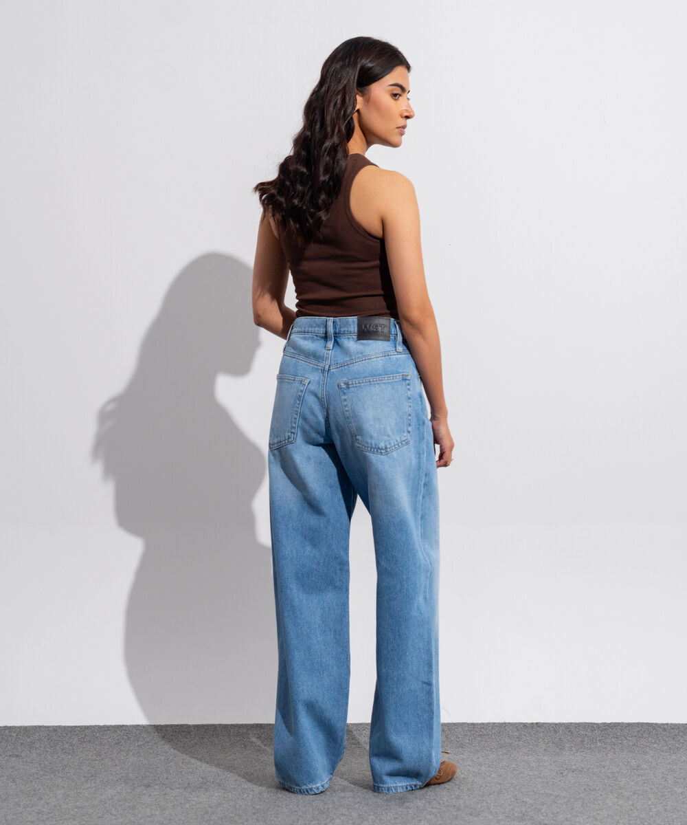 Women's Western Wear Denim Wide Leg Fit Indigo Blue - Mid Worn Jeans