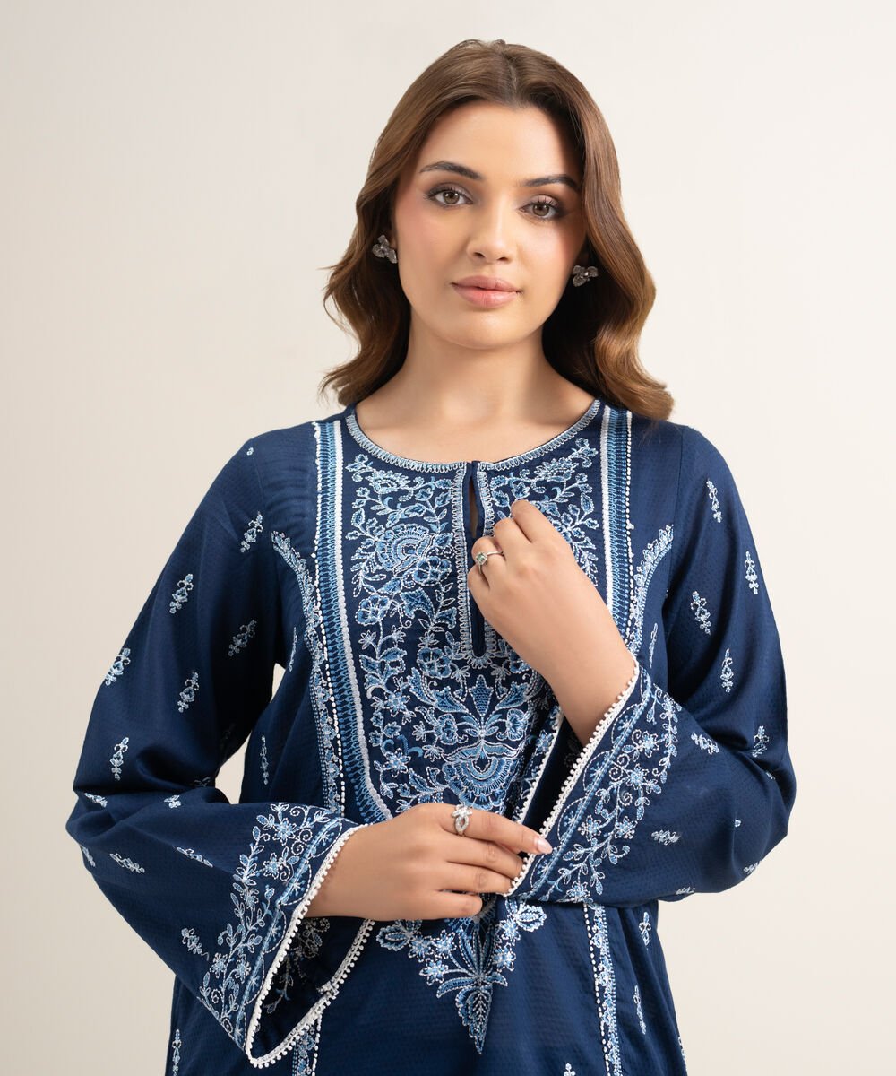 Women's RTW Dobby Embroidered Blue Straight Shirt