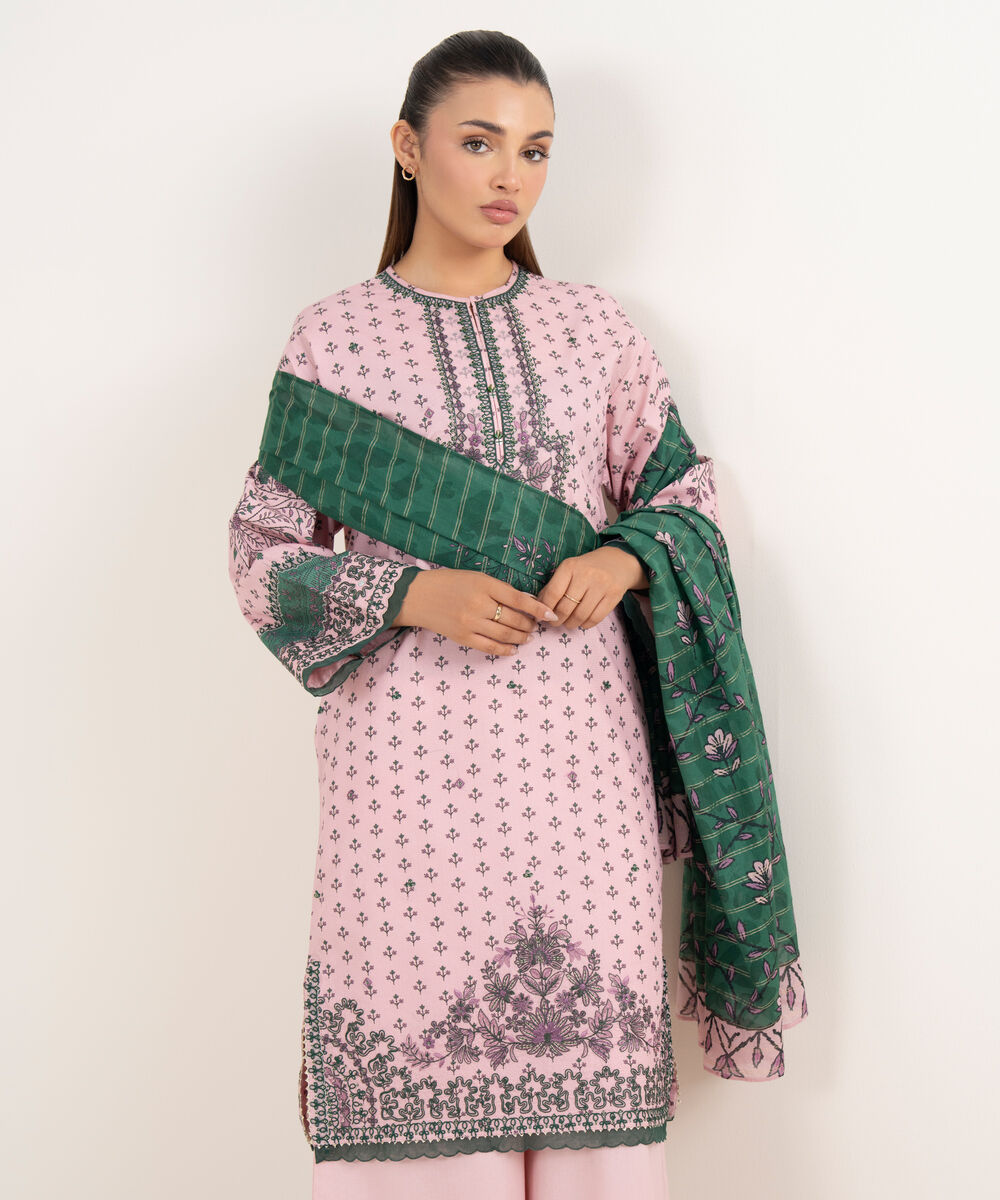 Women's Unstitched Lawn Embroidered Lilac Three Piece Suit