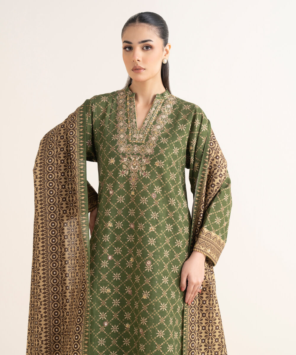 Women's Unstitched Embroidered Khaddar Green 3 Piece Suit