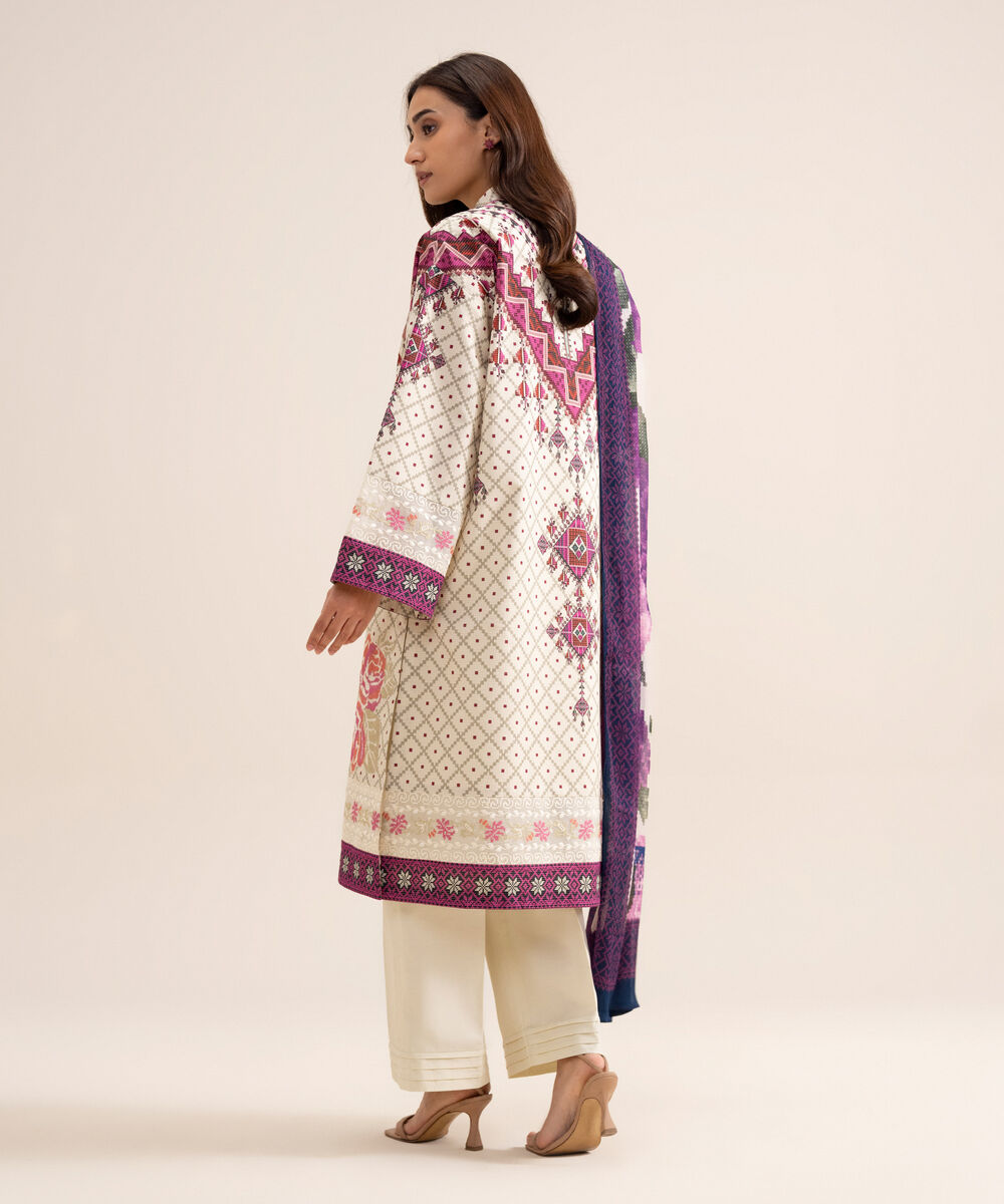 Women's Unstitched Zari Cotton Embroidered Off White  3 Piece Suit