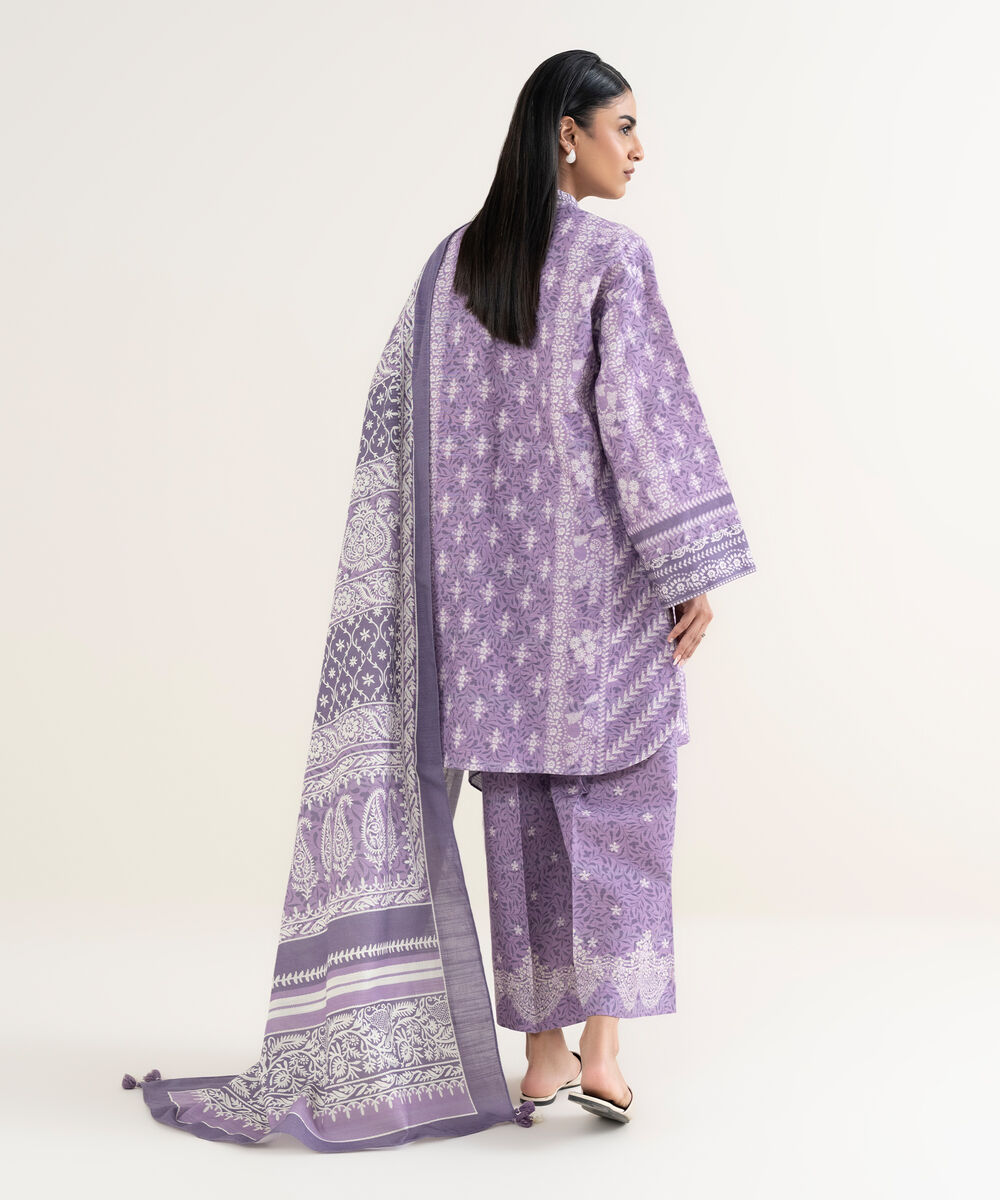 Women's Unstitched Printed Khaddar Lilac and Off White 3 Piece Suit