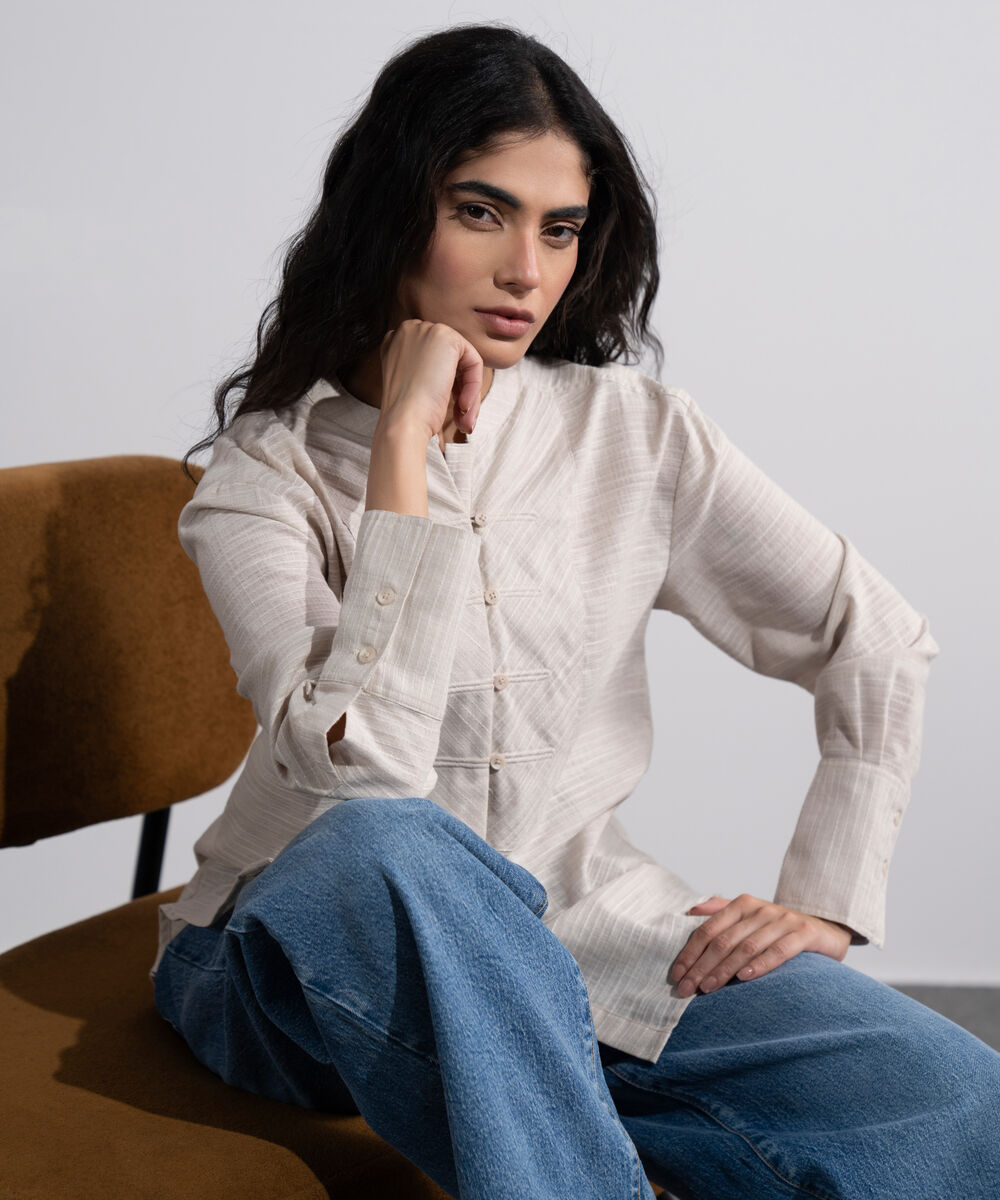Women's Off White Textured Shirt With Yoke Detail