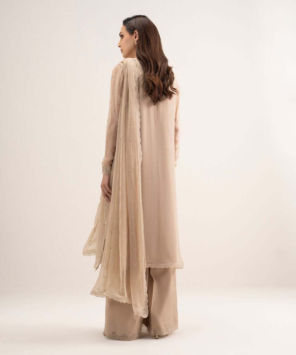Women's Unstitched Blended Chiffon Embroidered Beige 3 Piece Suit