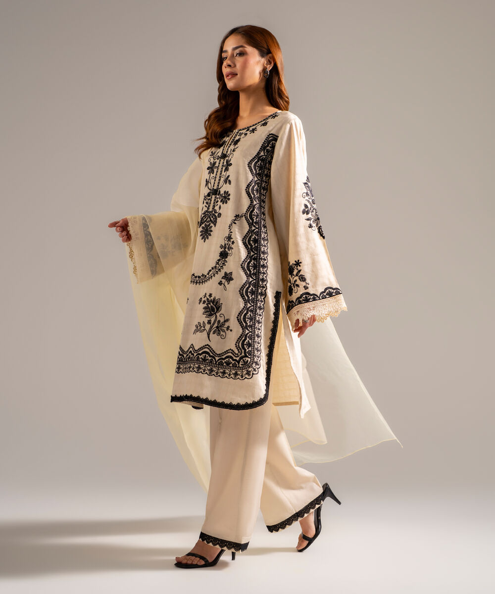 Women's RTW Dobby Embroidered Off White 3 Piece Suit