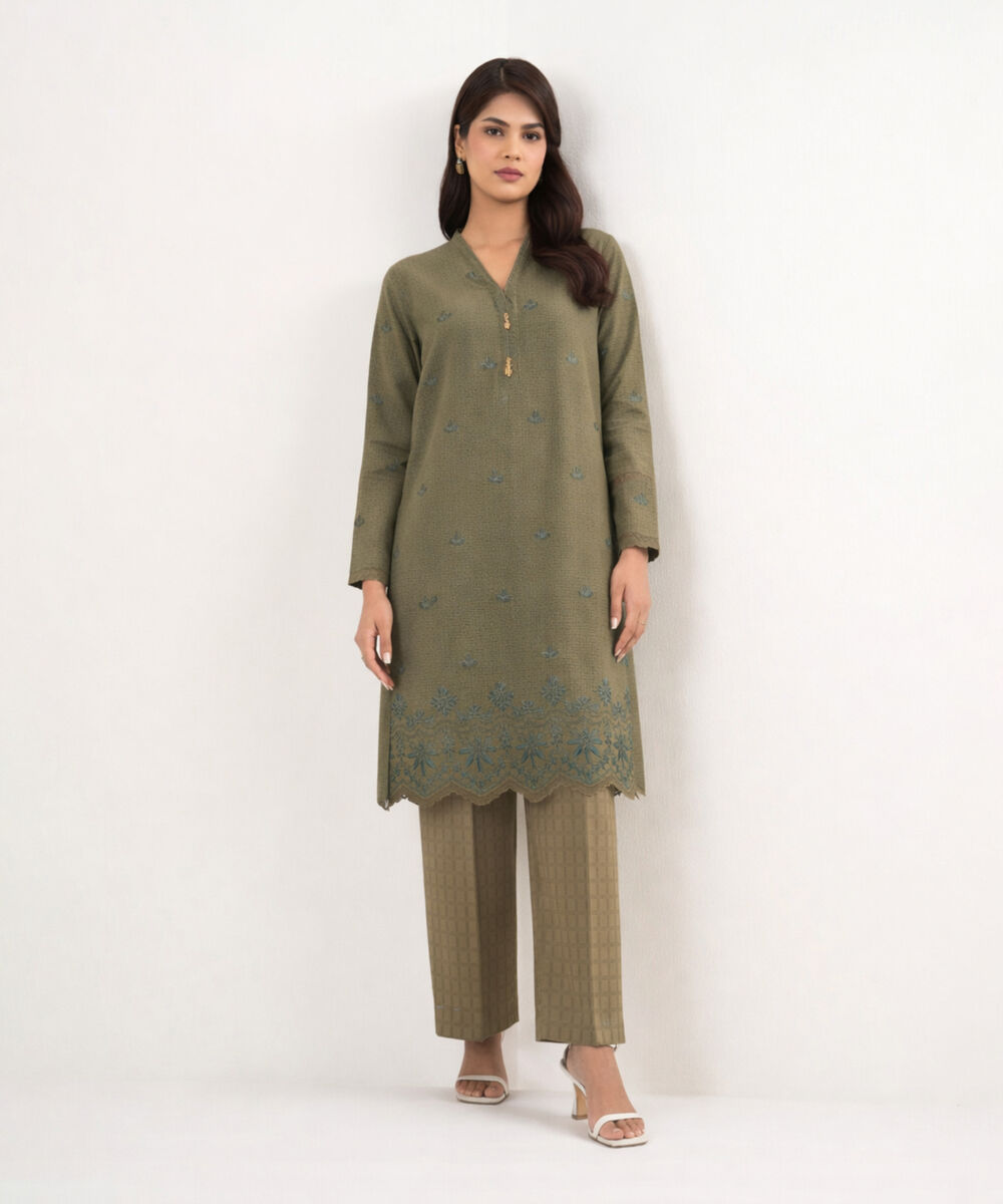 Women's Unstitched 3D Dobby Olive Green  3 Piece Suit
