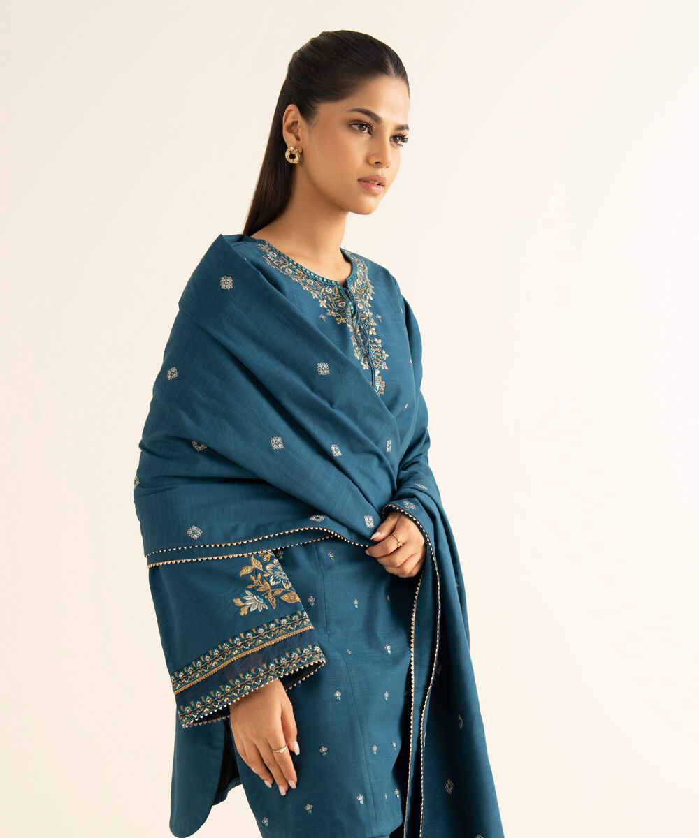 Women's Unstitched Cotton Embroidered Blue 3 Piece Suit