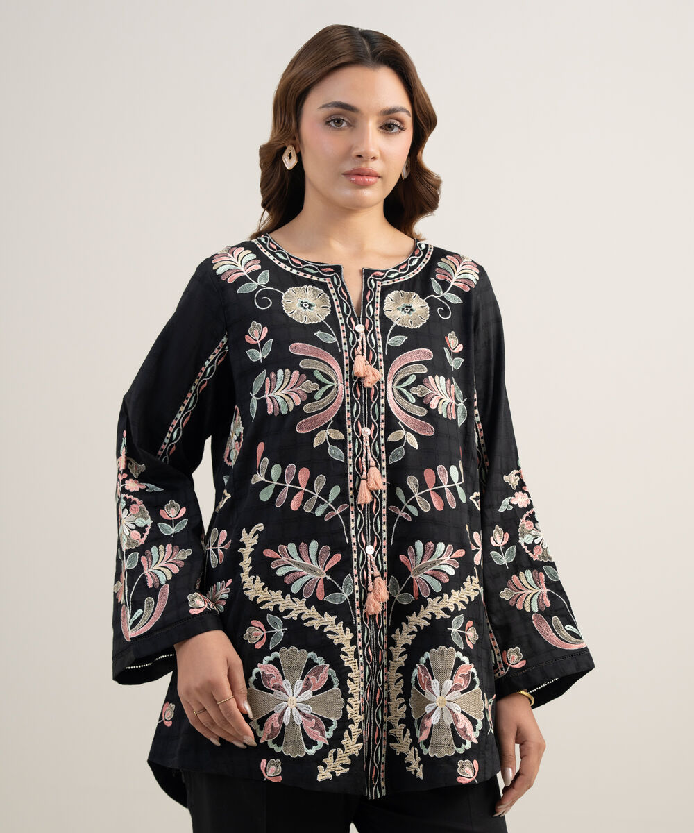Women's RTW Dobby Embroidered Black Straight Shirt