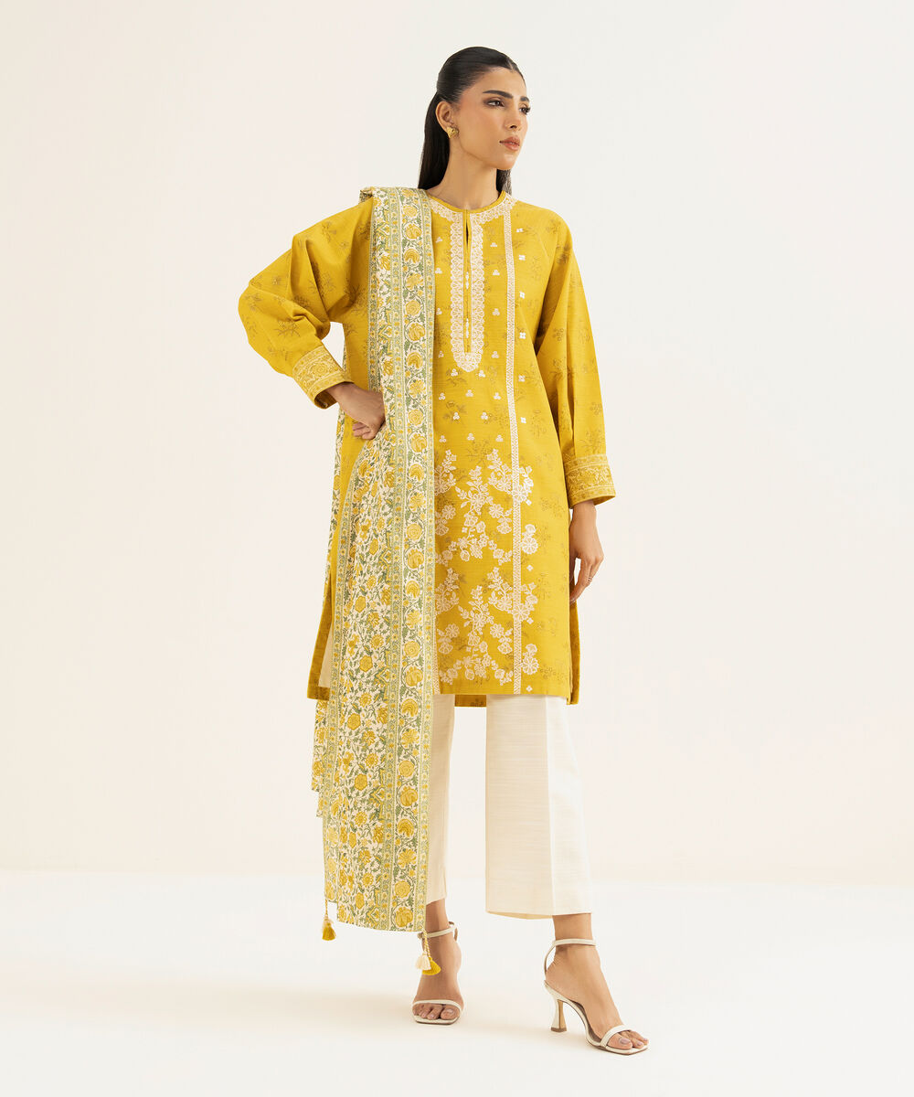 Women's Unstitched Khaddar Embroidered Yellow 2 Piece Suit