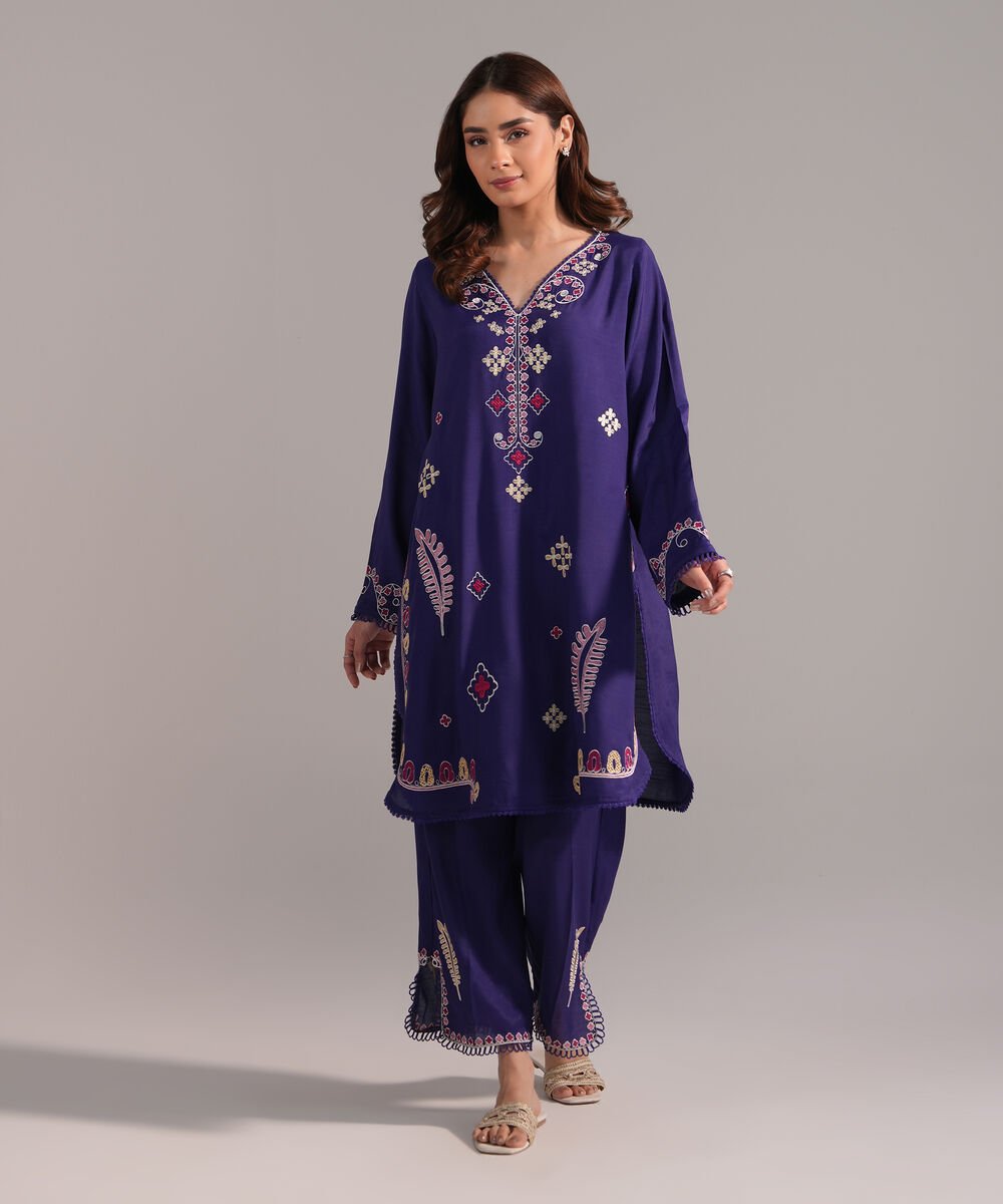 Women's RTW Viscose Raw Silk Embroidered Blue 2 Piece Suit