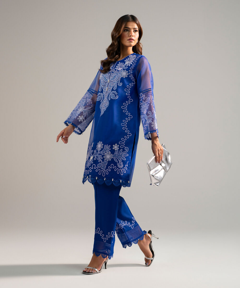 Women's RTW Blended Organza Embroidered Blue 2 Piece Suit