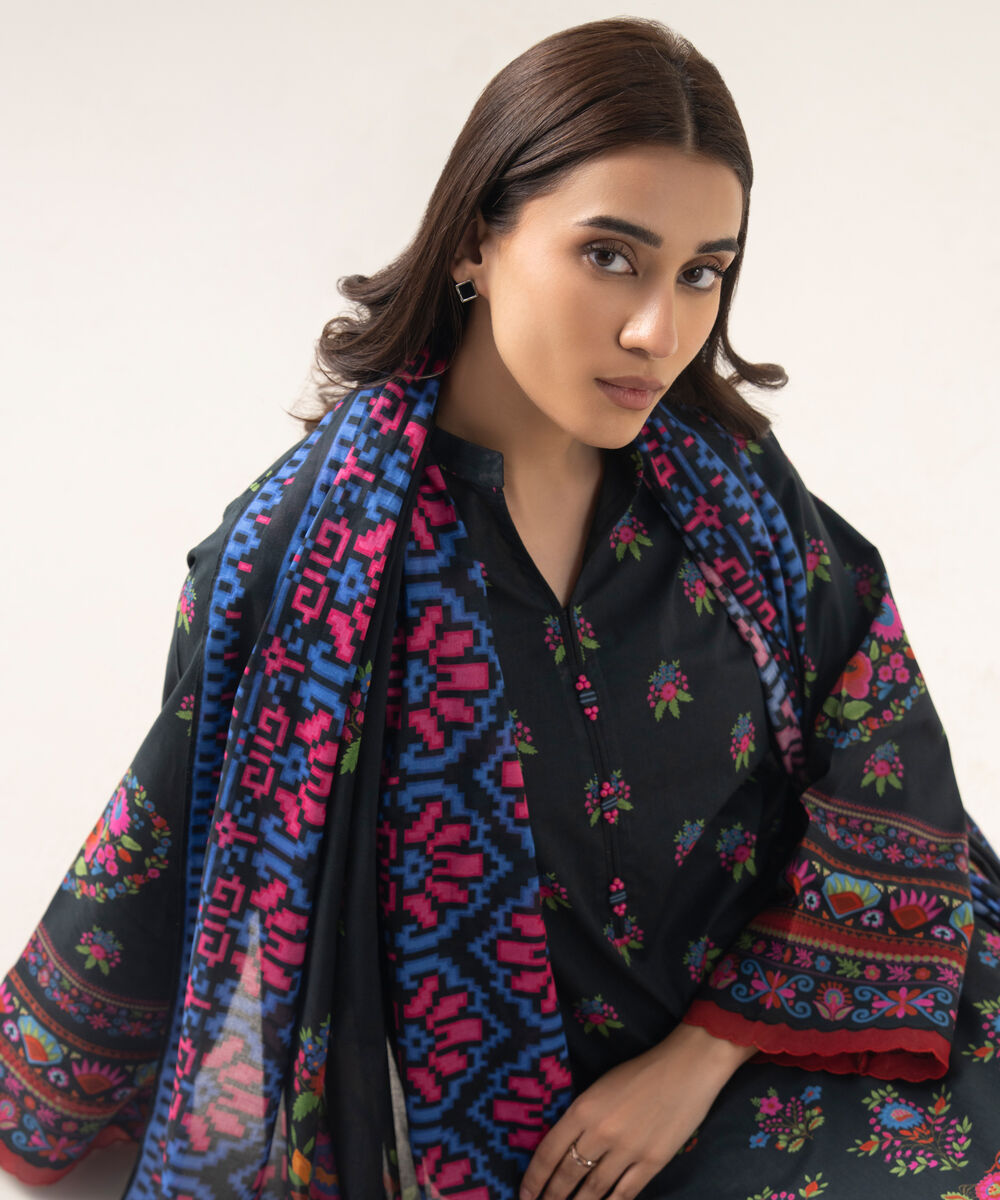 Women's Unstitched Lawn Printed Black 3 Piece Suit