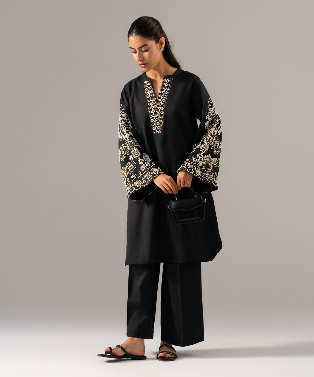 Women's RTW Cotton Linen Embroidered Black 2 Piece Suit