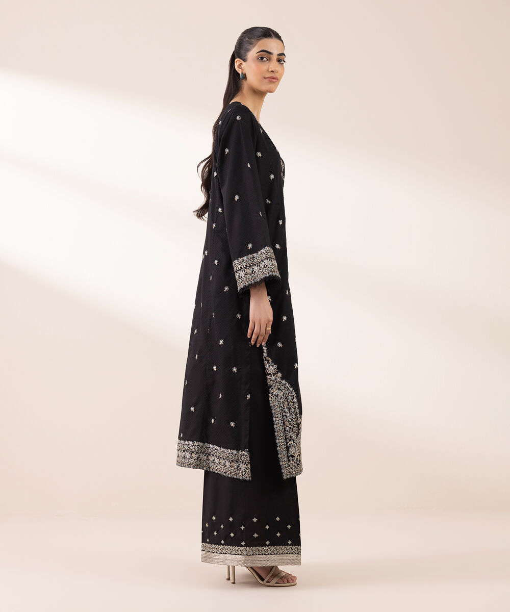 Women's RTW Dobby Black Embroidered A-Line Shirt