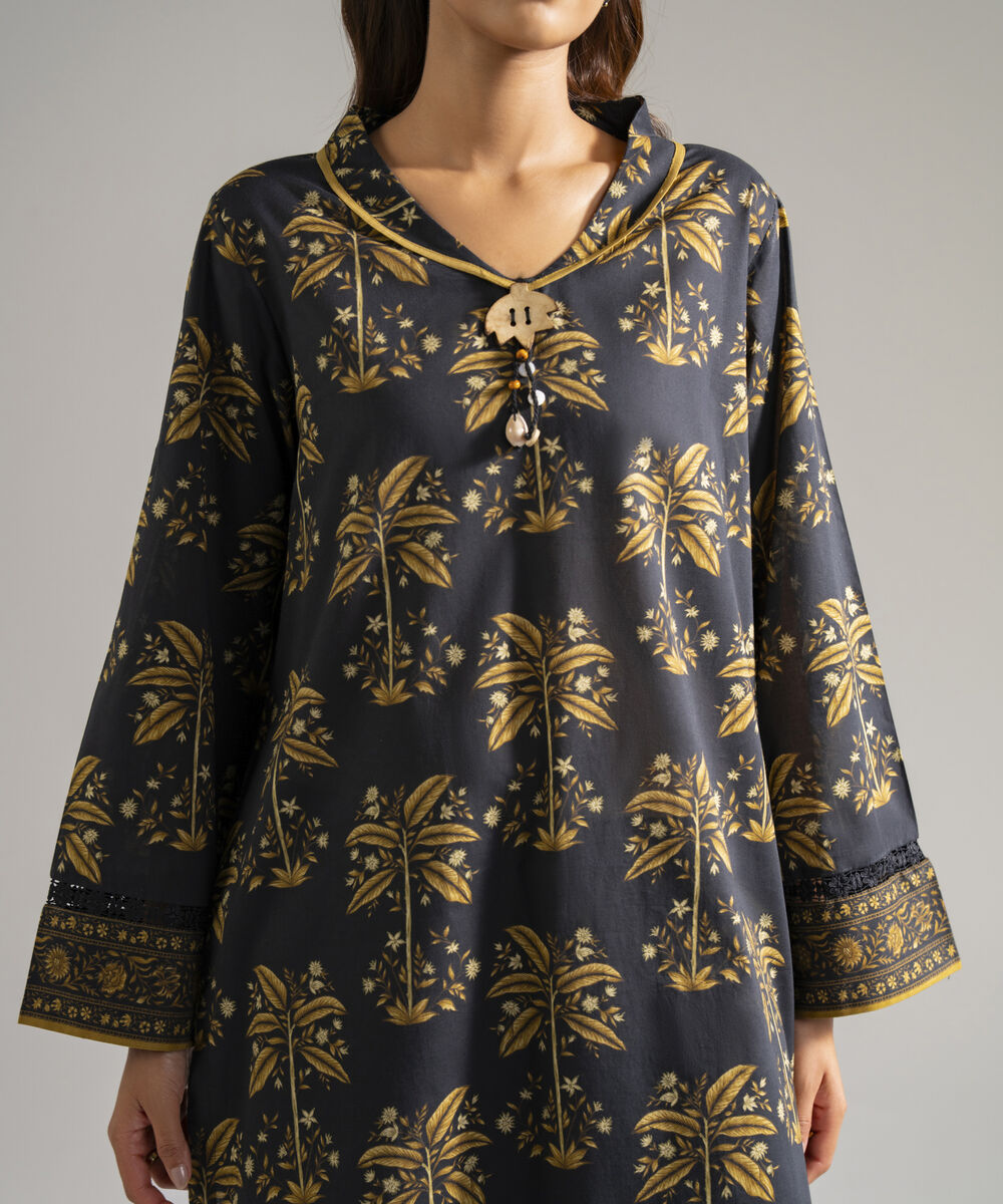 Women's RTW Lawn Printed Black Straight Shirt