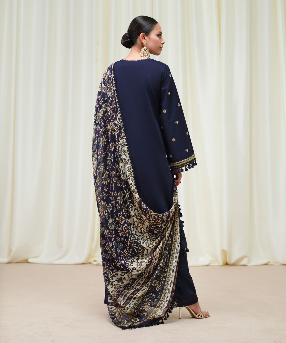 Women's Unstitched Fine Cotton Satin Embroidered Blue 3 Piece Suit