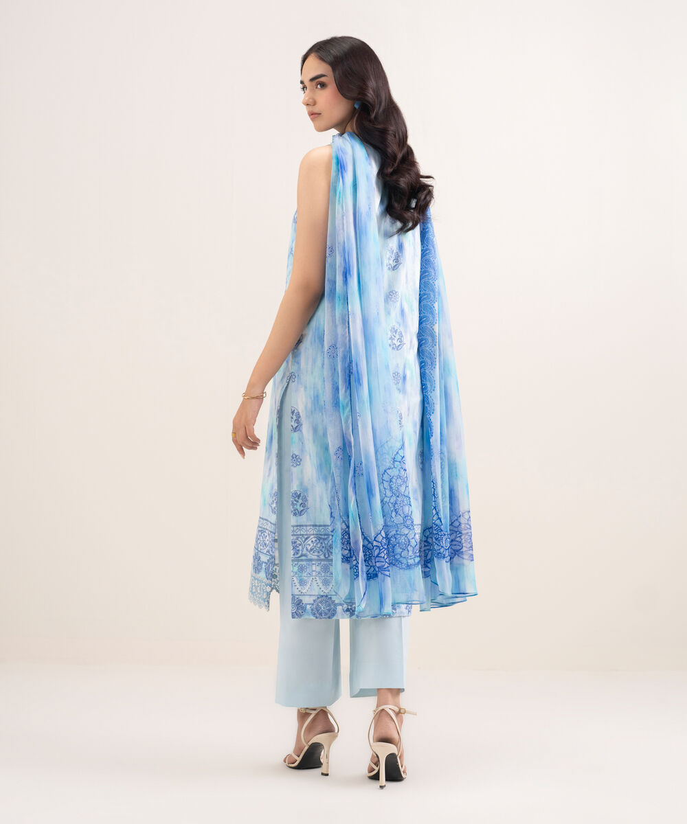 Women's Unstitched Lawn Embroidered Blue 3 Piece Suit