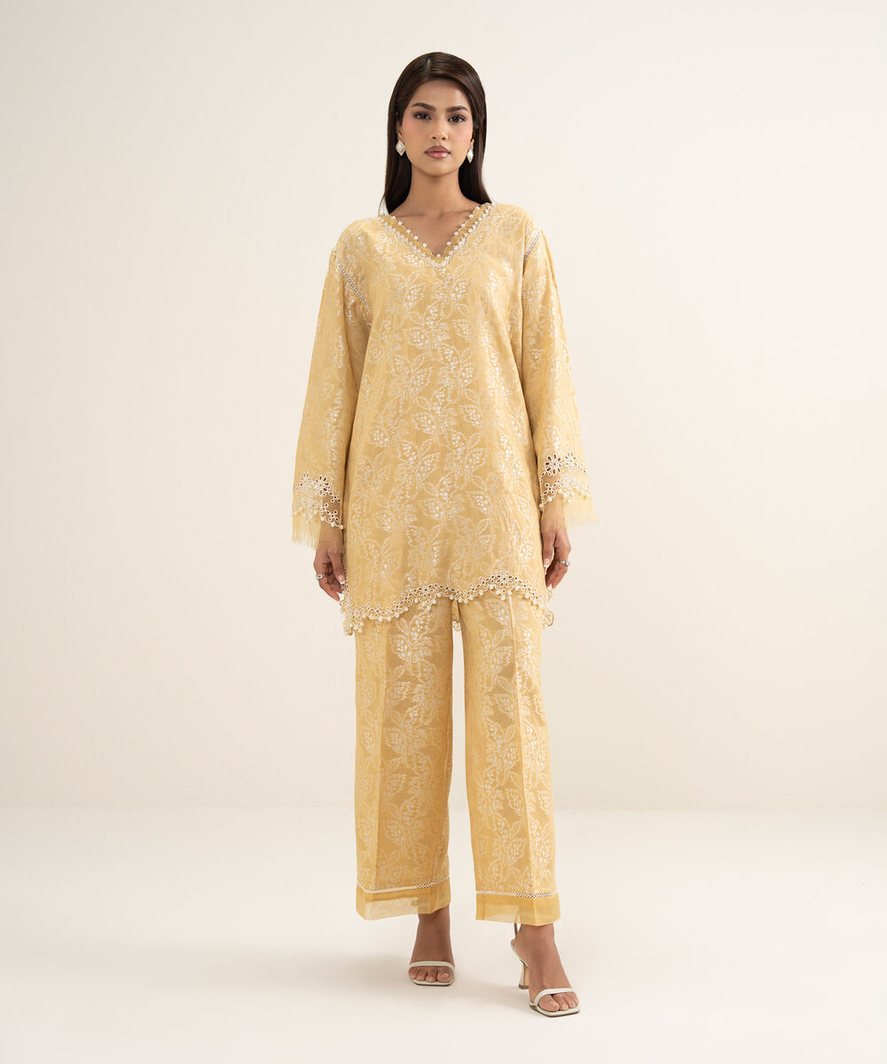 Women's RTW Zari Jacquard Embroidered Yellow 2 Piece Suit