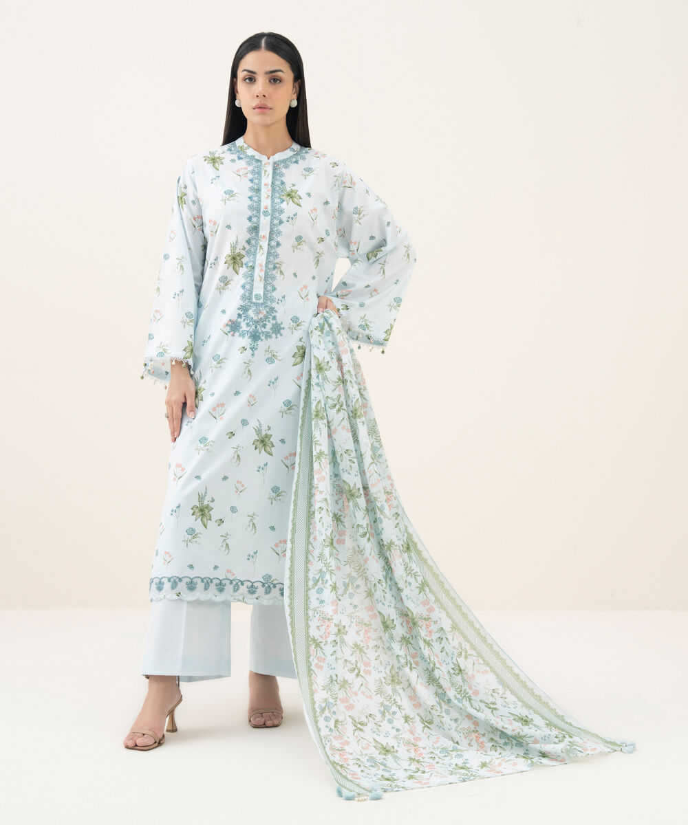 Women's Unstitched Lawn Embroidered Blue 3 Piece Suit