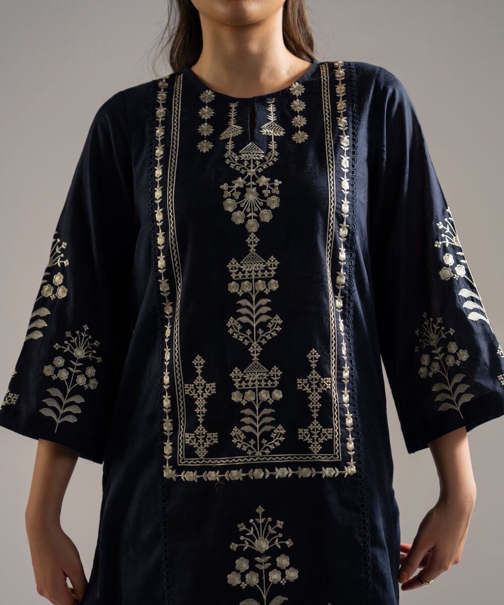 Women's RTW Self Jacquard Embroidered Blue 2 Piece Suit