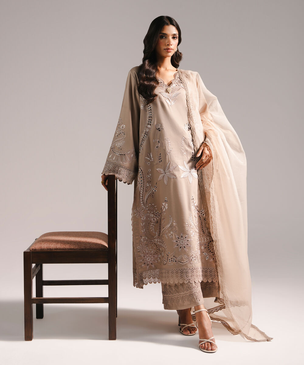 Women's RTW Cotton Satin Embroidered Grey 3 Piece Suit