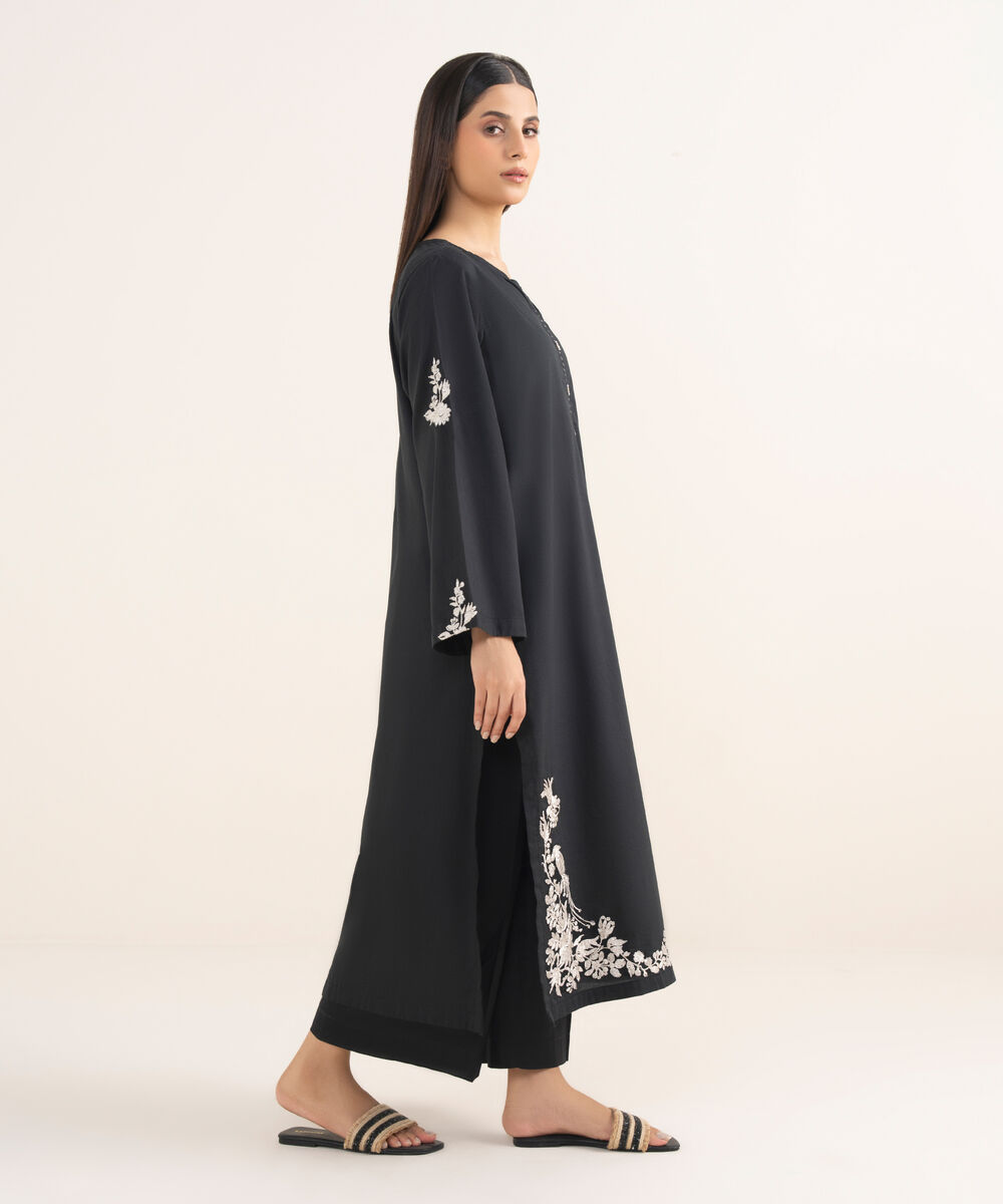 Women's RTW Lawn Viscose Black Embroidered Straight Shirt