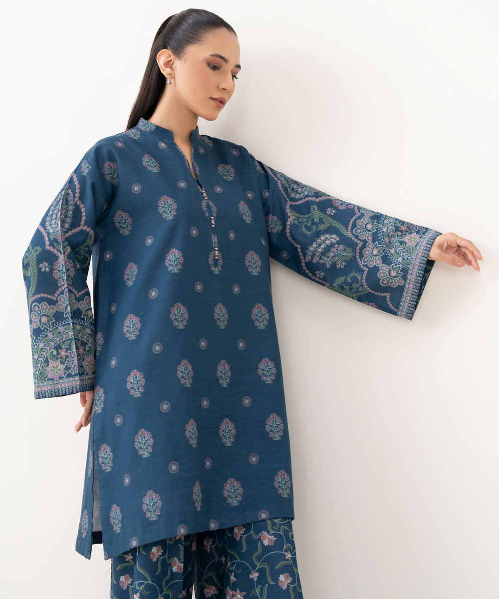 Women's Unstitched Light Khaddar Printed Blue 2 Piece Suit