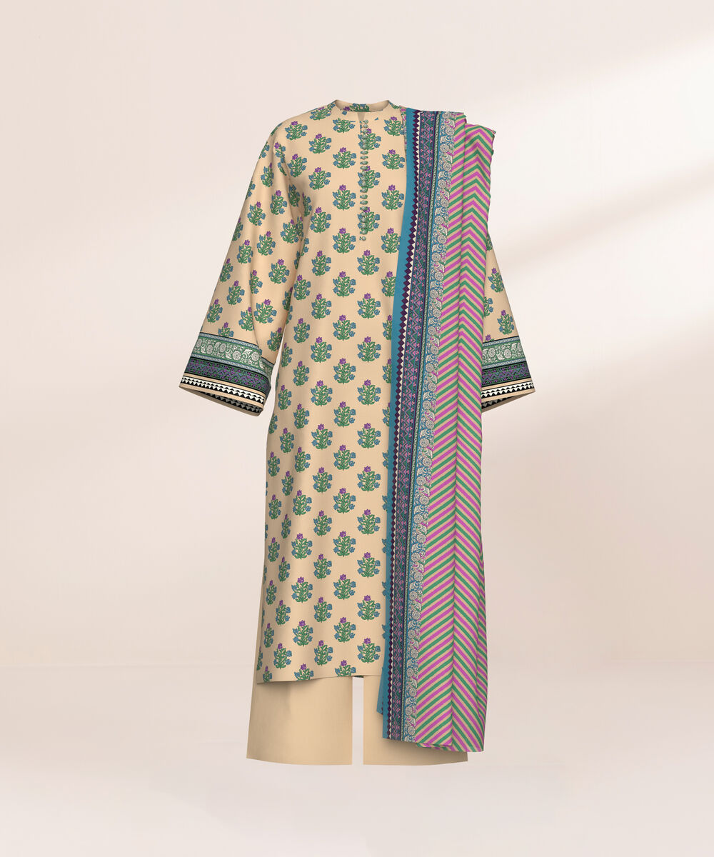 Women's Three Piece Printed Nude Beige Lawn Suit