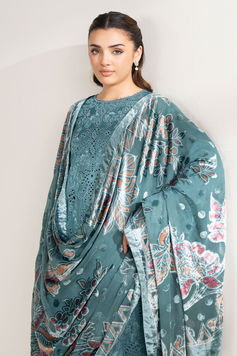 3 Piece - Embroidered Viscose Raw Silk Suit