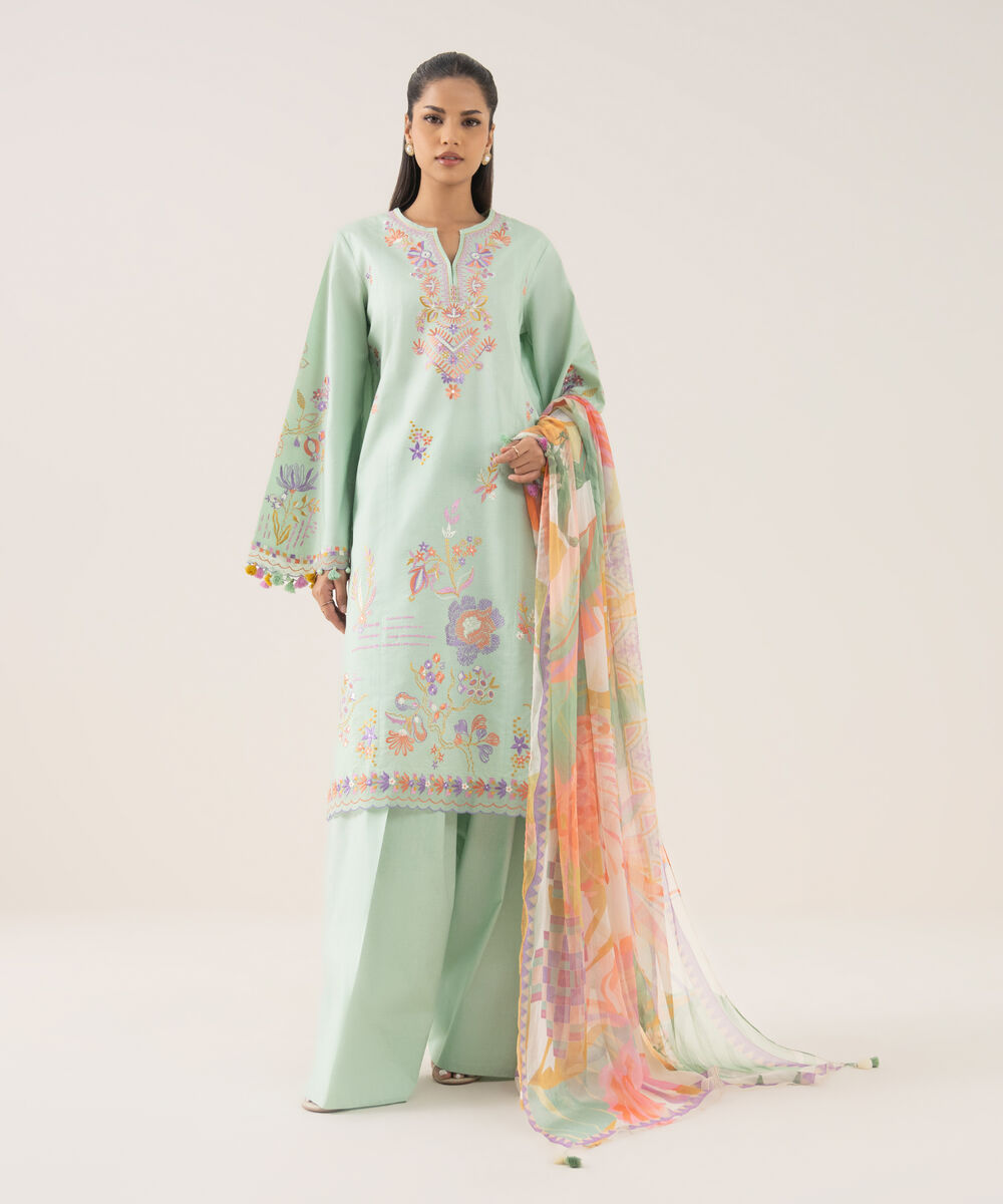 Women's Unstitched Textured Lawn Embroidered Green 3 Piece Suit