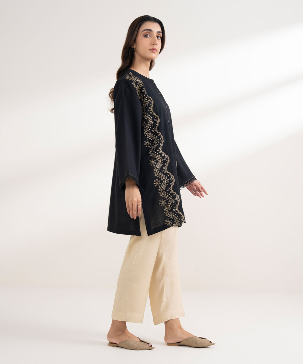 Women's RTW Light Khaddar Embroidered Straight Black Shirt