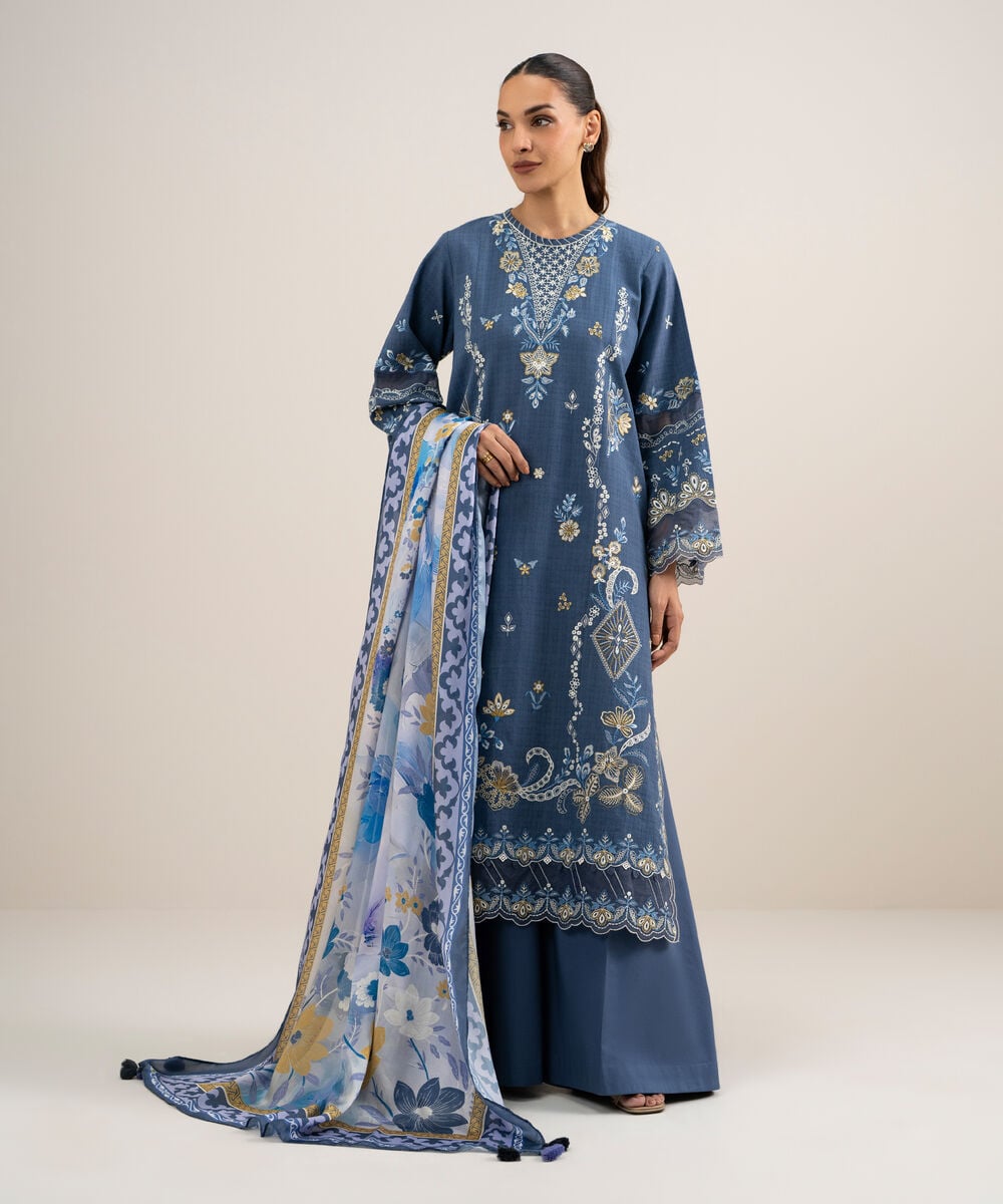 Women's Unstitched Dobby Embroidered Blue  3 Piece Suit