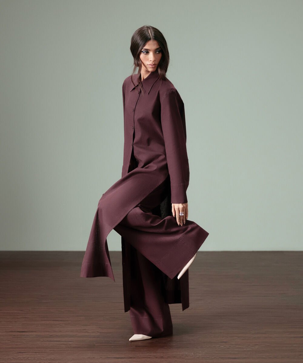 Linen Blend Long Shirt Women's Western Wear Brown Linen Blend Long Shirt With High Slits