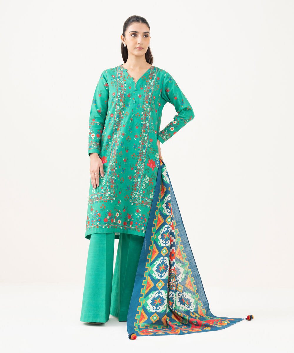 Women's Unstitched Khaddar Printed Green  3 Piece Suit