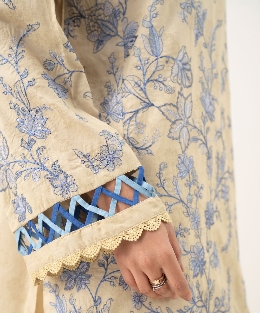 Women's RTW Cotton Jacquard Beige Embroidered A-Line Shirt