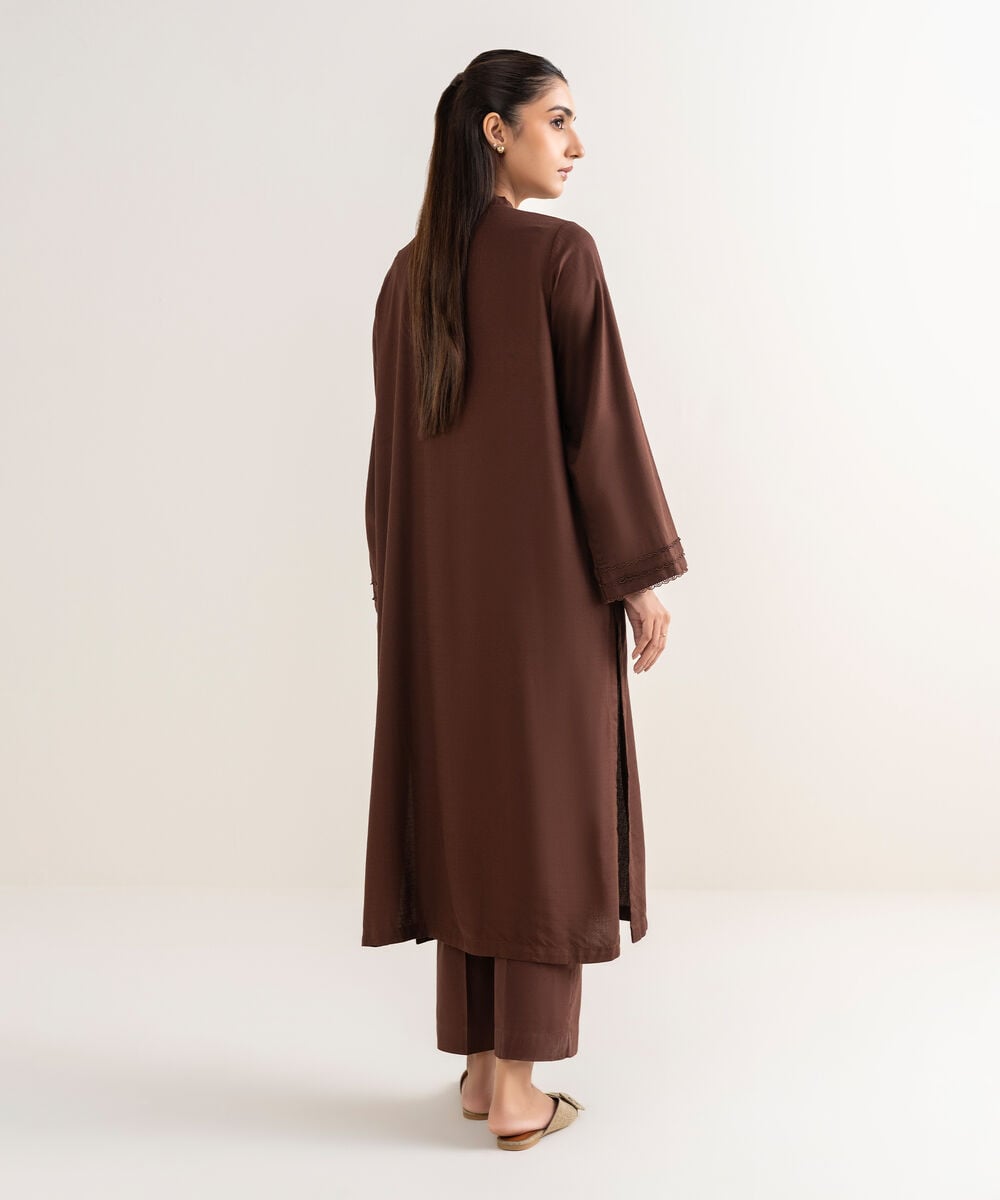Women's RTW Textured Arabic Brown Solid A line Shirt