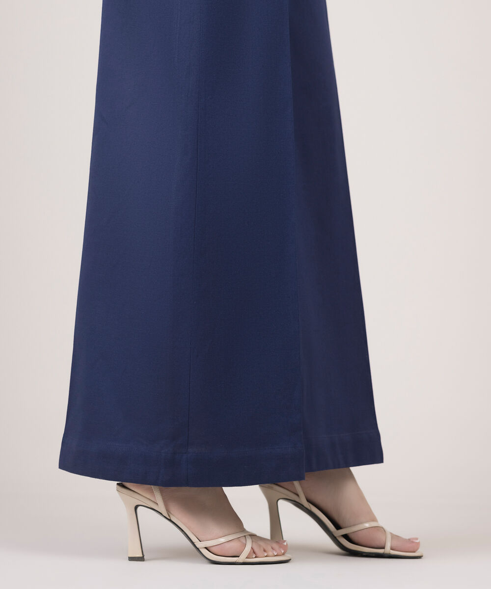 Women's RTW Cotton Linen Blue Solid Flared Pants