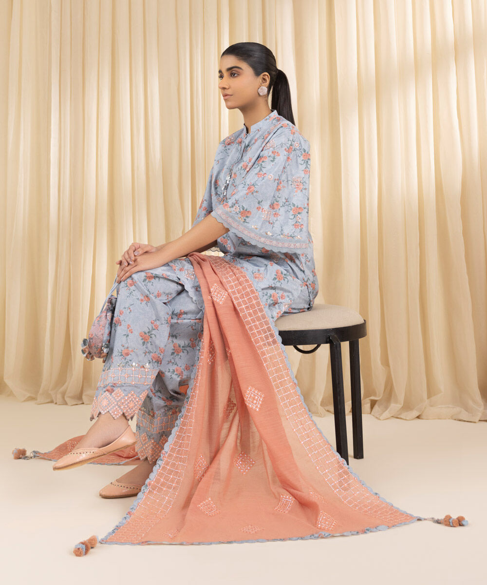 Unstitched Women's Embroidered Blended Grip Silk Blue Three Piece Suit