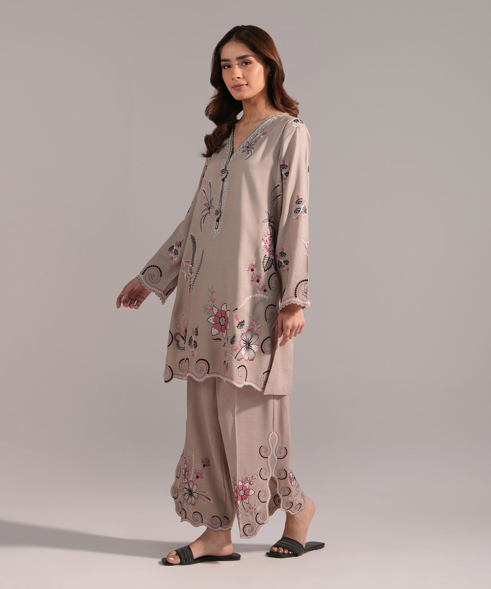 Women's RTW Viscose Raw Silk Embroidered Grey 2 Piece Suit