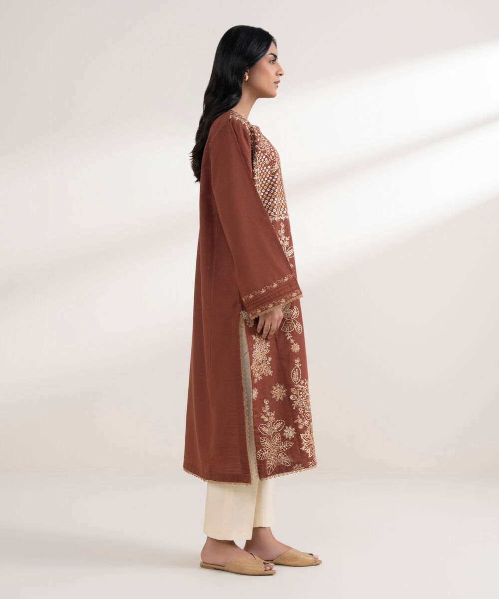 Women's RTW Light Khaddar Embroidered Rust A-Line Shirt