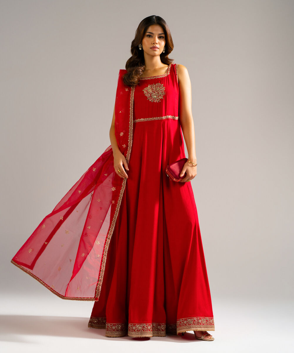 Women's RTW Raw Silk Embroidered Red 2 Piece Suit