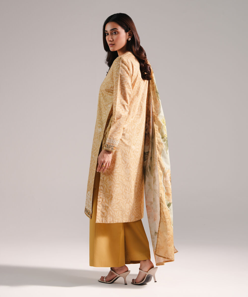 Women's RTW Lawn Printed Dark Beige 3 Piece Suit