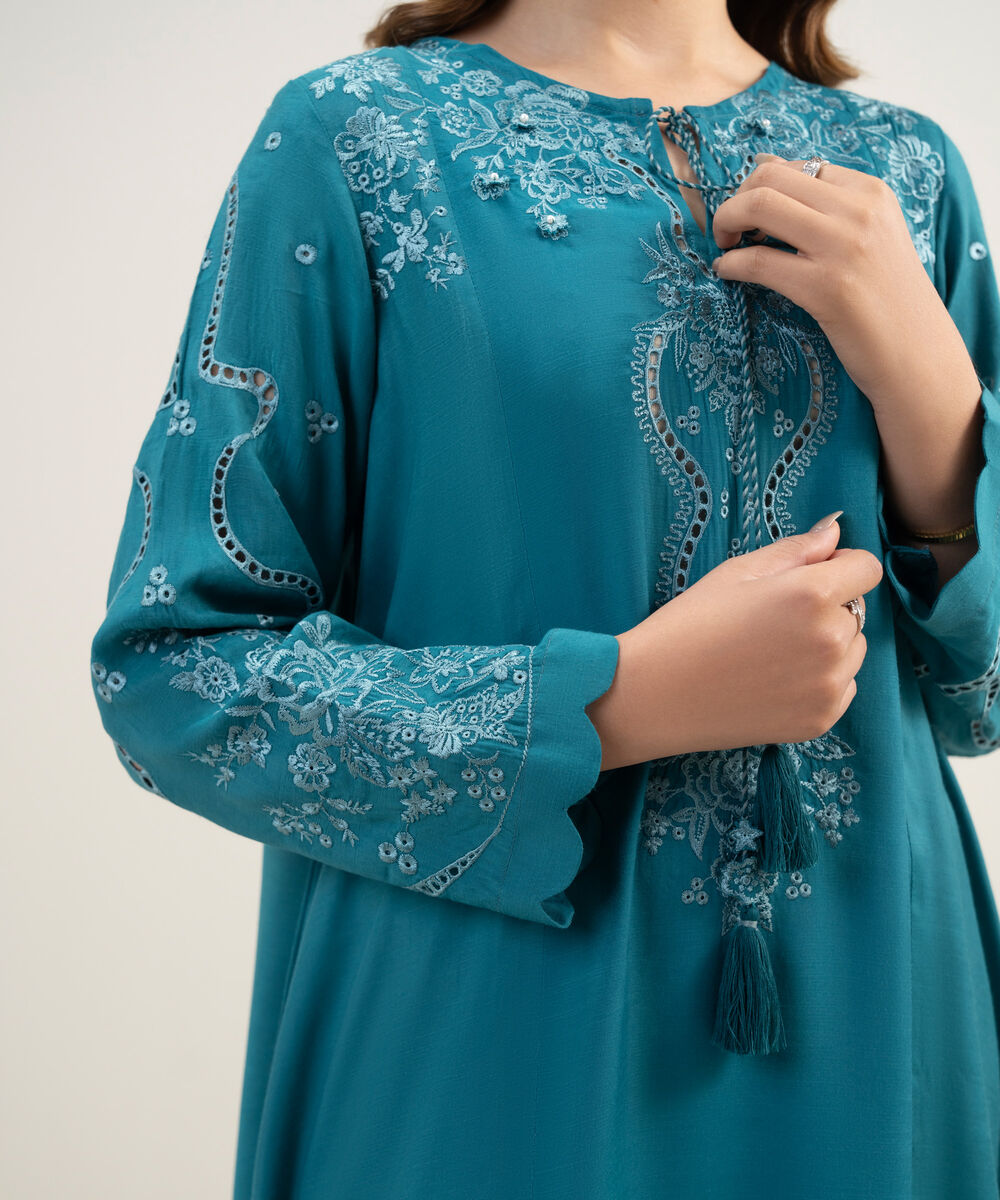 Women's RTW Viscose Raw Silk Embroidered Teal 2 Piece Suit