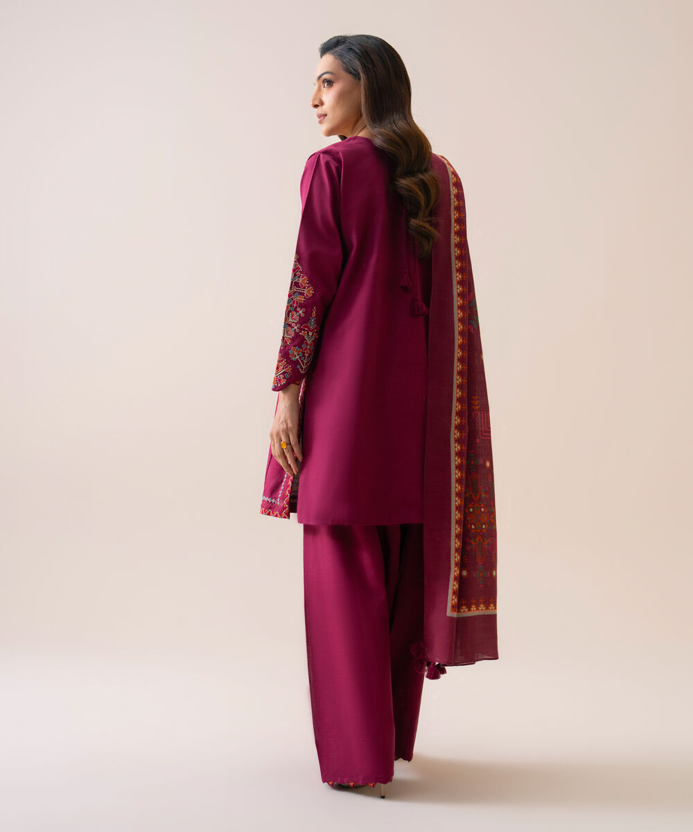 Women's Unstitched Light Khaddar Embroidered Magenta 3 Piece Suit