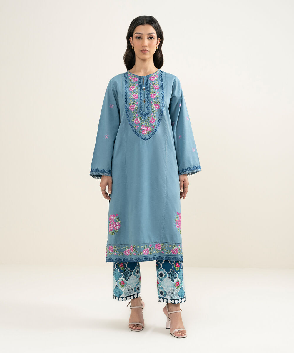 Women's RTW Dobby Embroidered Blue A-Line Shirt