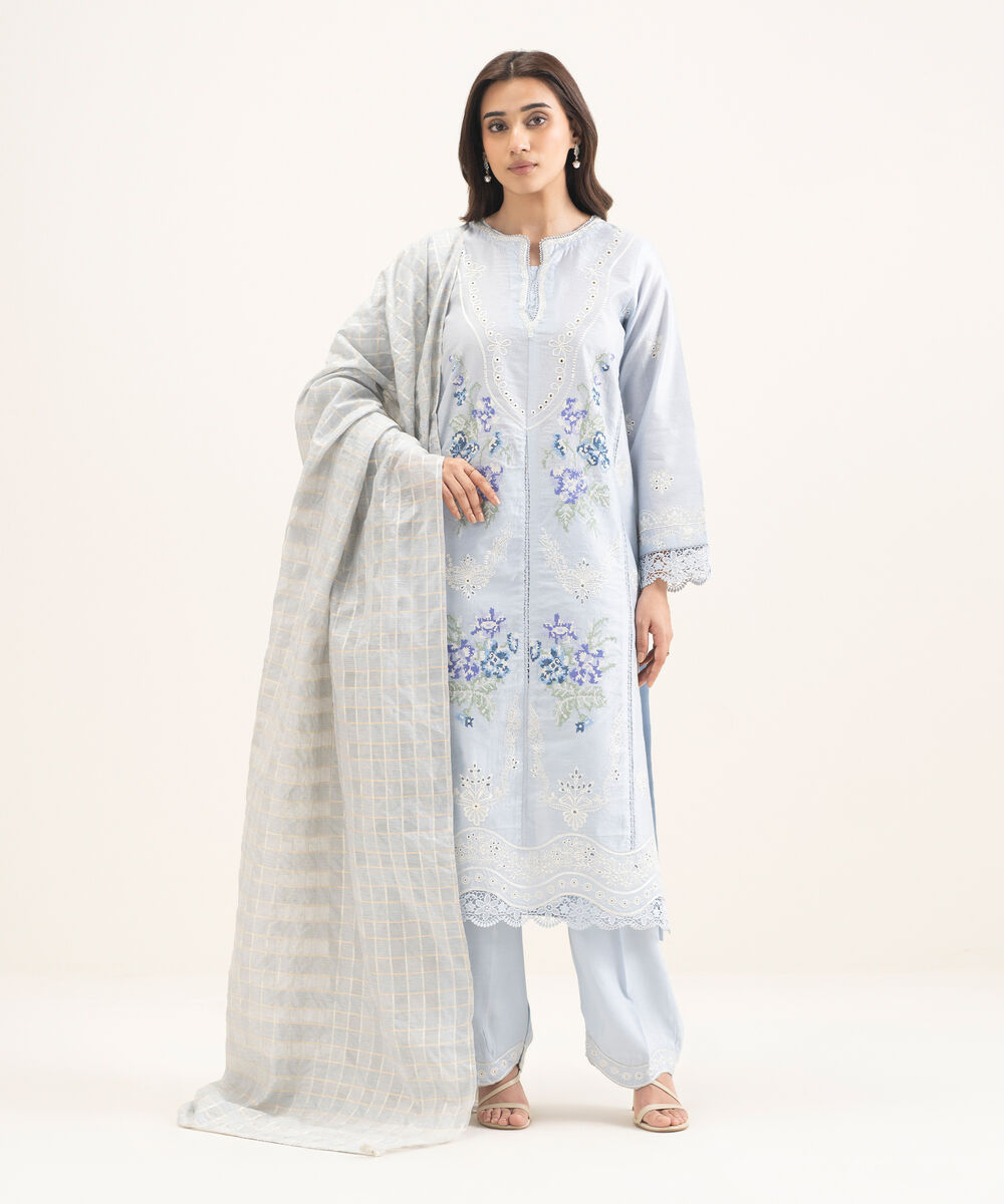 Women's RTW Silk Cotton Net Embroidered Blue 3 Piece Suit