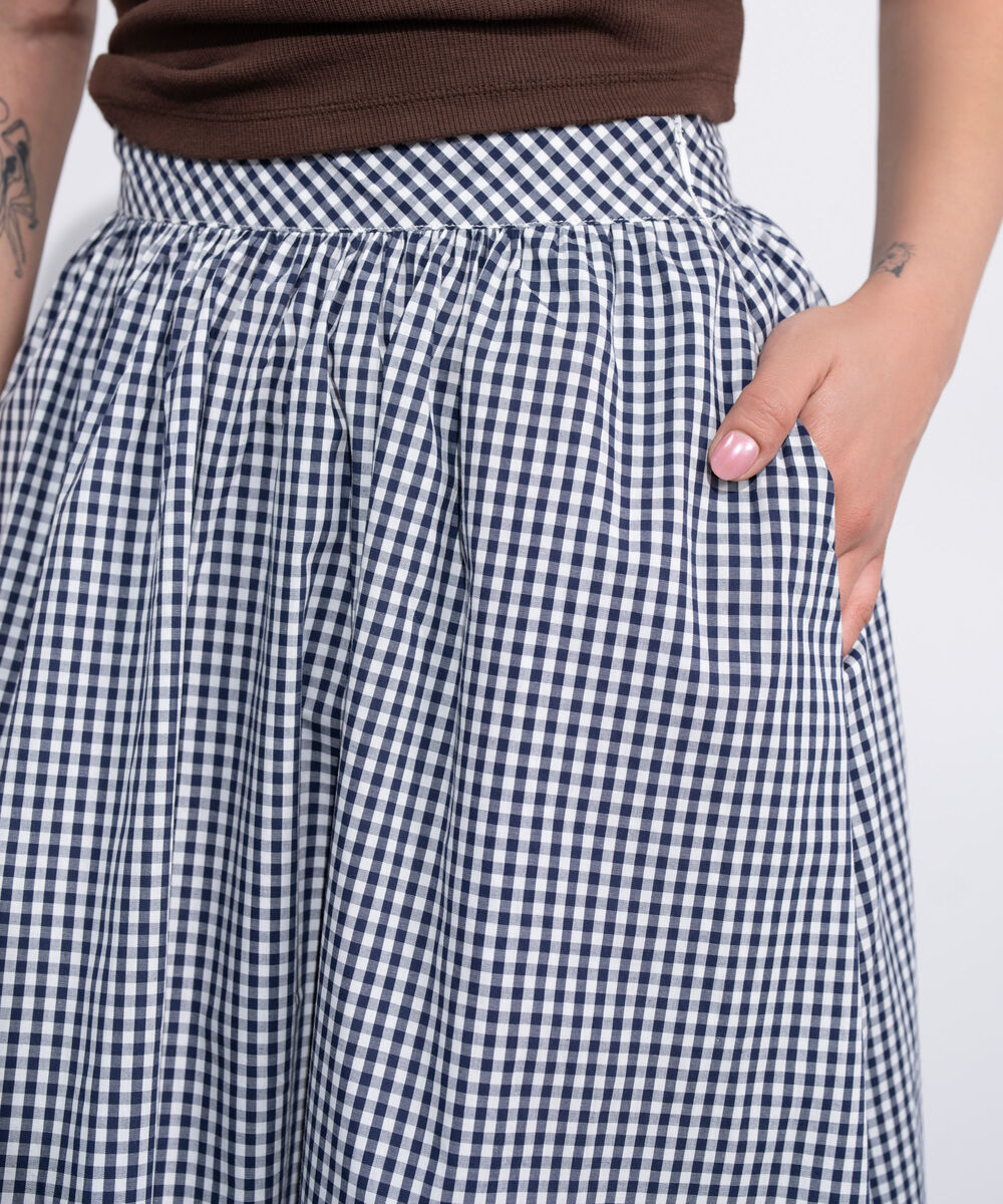Women's Western White And Navy Flared Gingham Skirt
