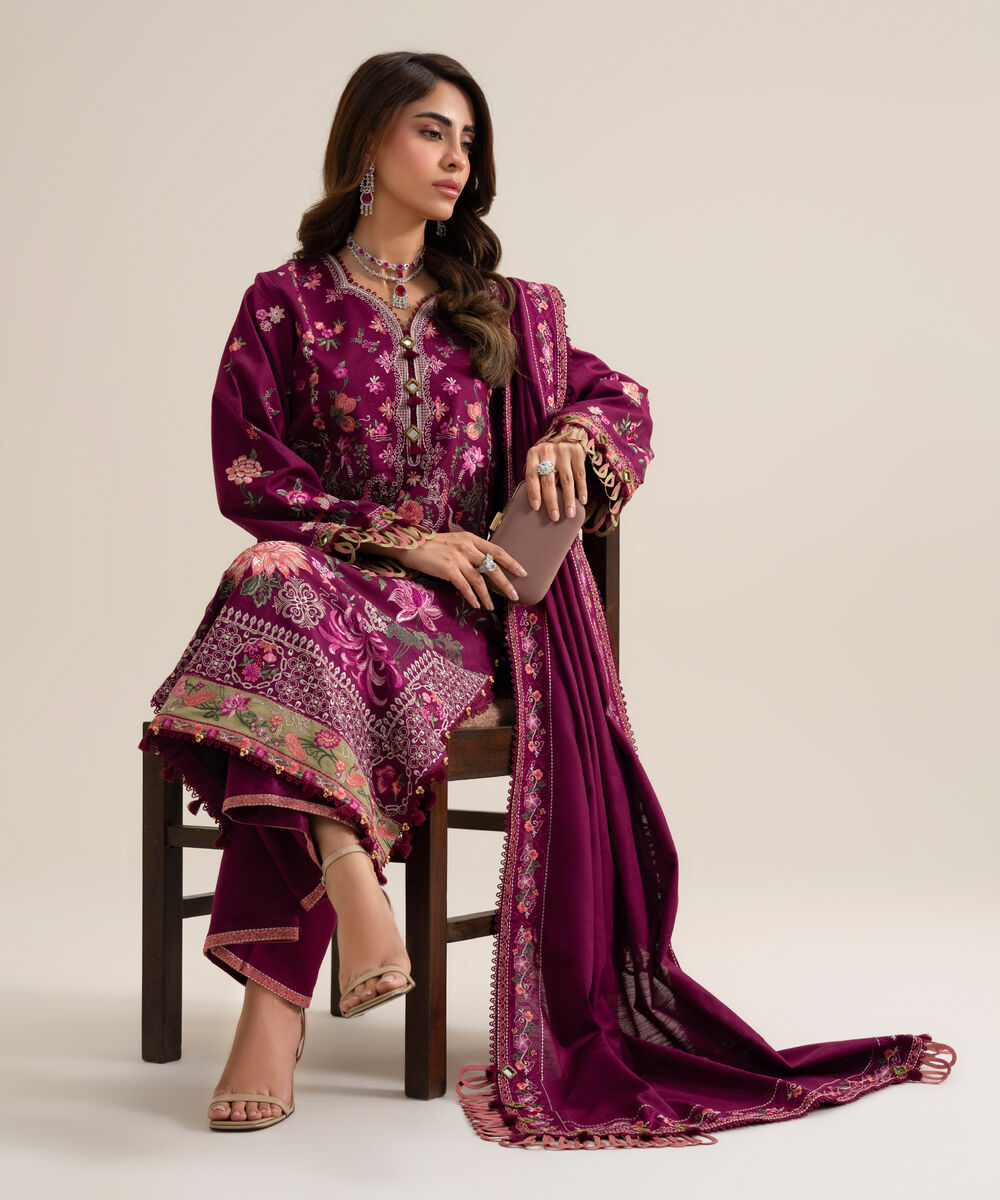 Women's Unstitched Basic Khaddar Embroidered Magenta 3 Piece Suit