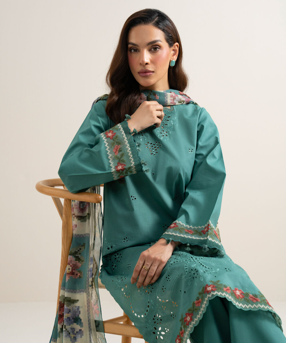 Women's Unstitched Textured Lawn Embroidered Medium Teal 3 Piece Suit