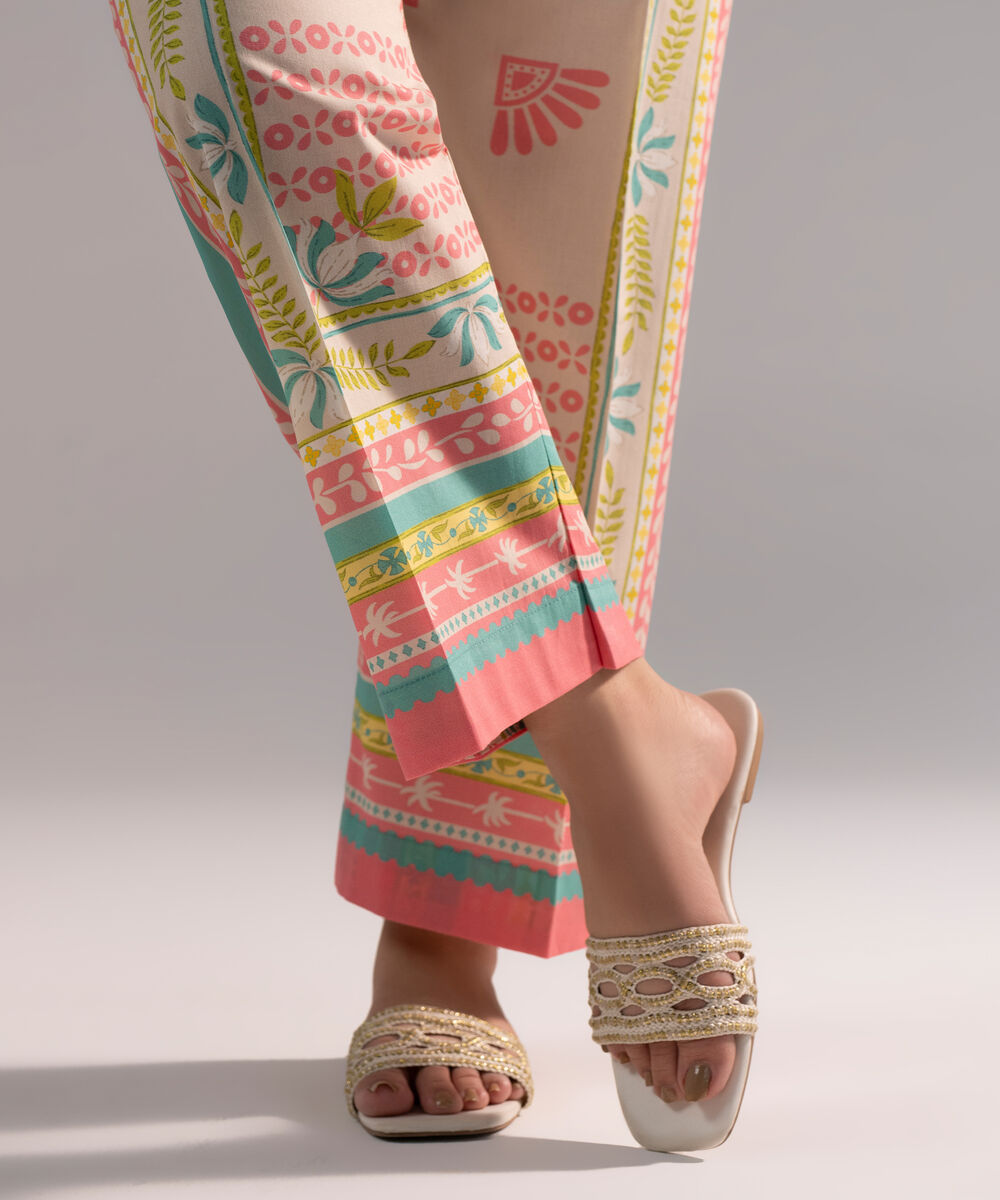 Women's RTW Cambric Printed Off White Straight Pants